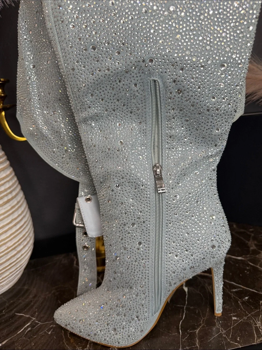 Sparkle Embellished Silver Over-the-Knee Stiletto Boots